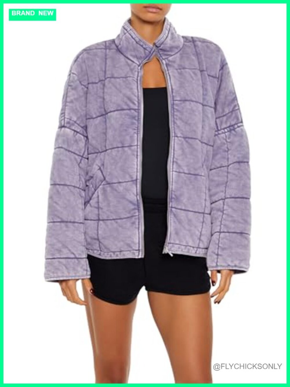 Quilted Zip-Up Jacket Funnel Neck Long Sleeve Slanted Pockets